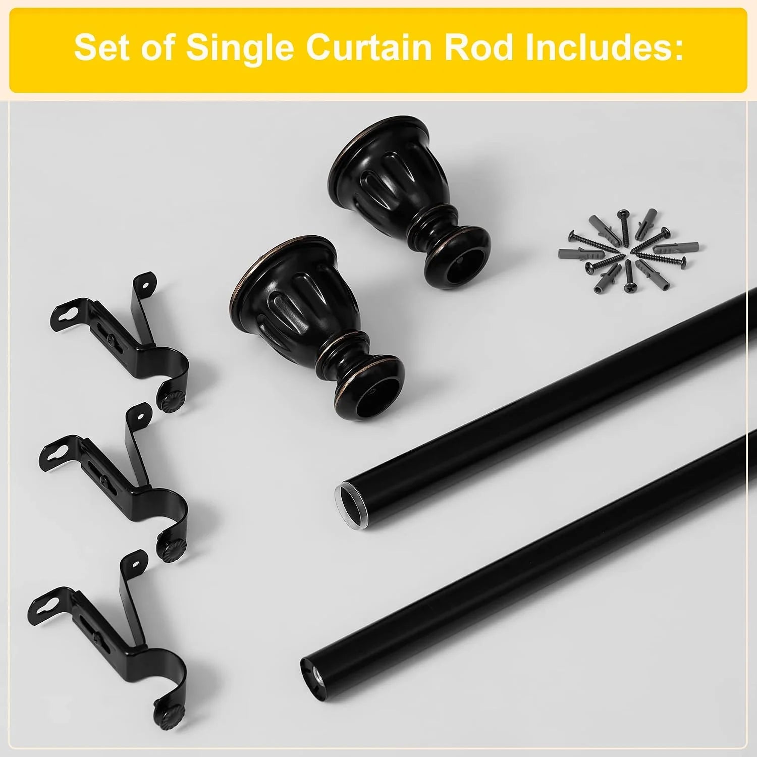Black single curtain rod set with finials, brackets, screws, and wall anchors