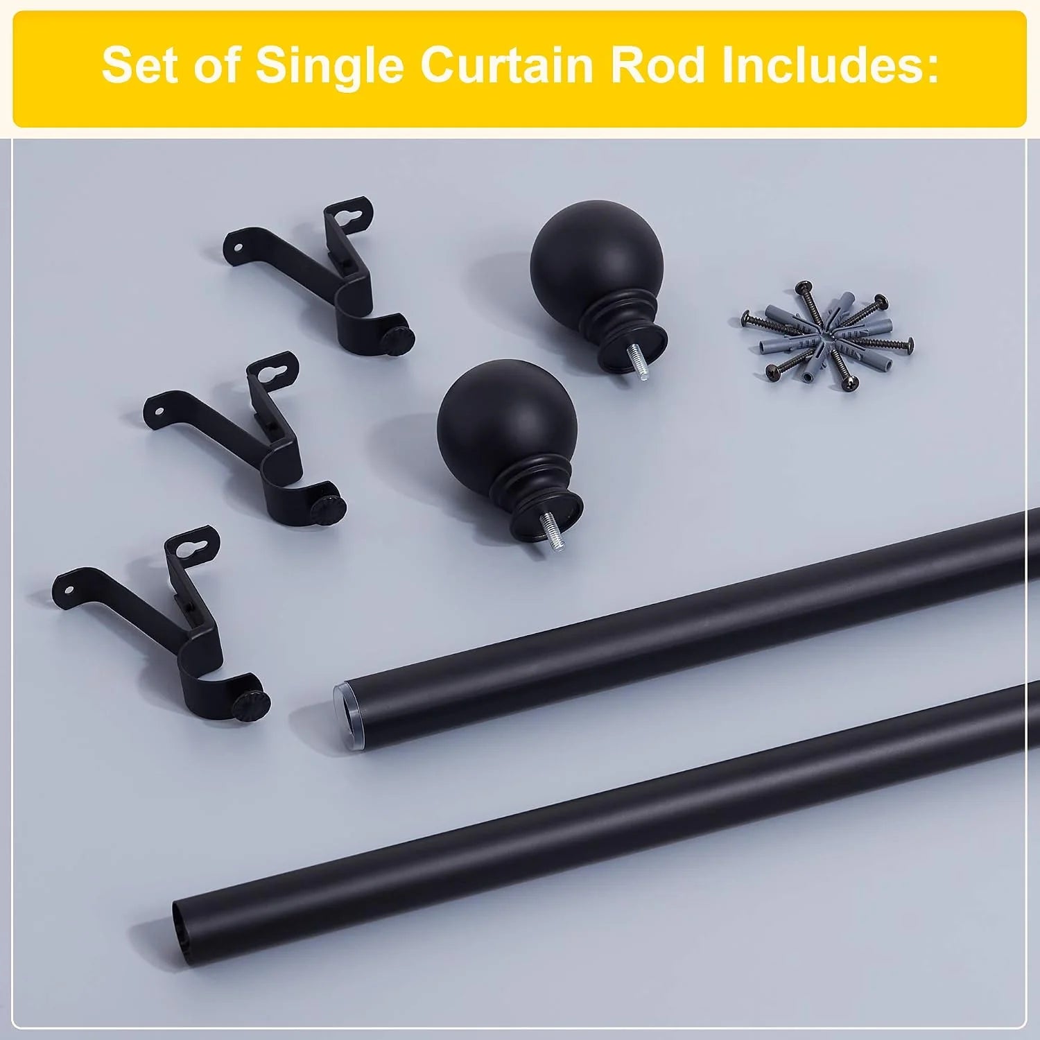 Black metal single curtain rod set with brackets, finials, screws, and anchors