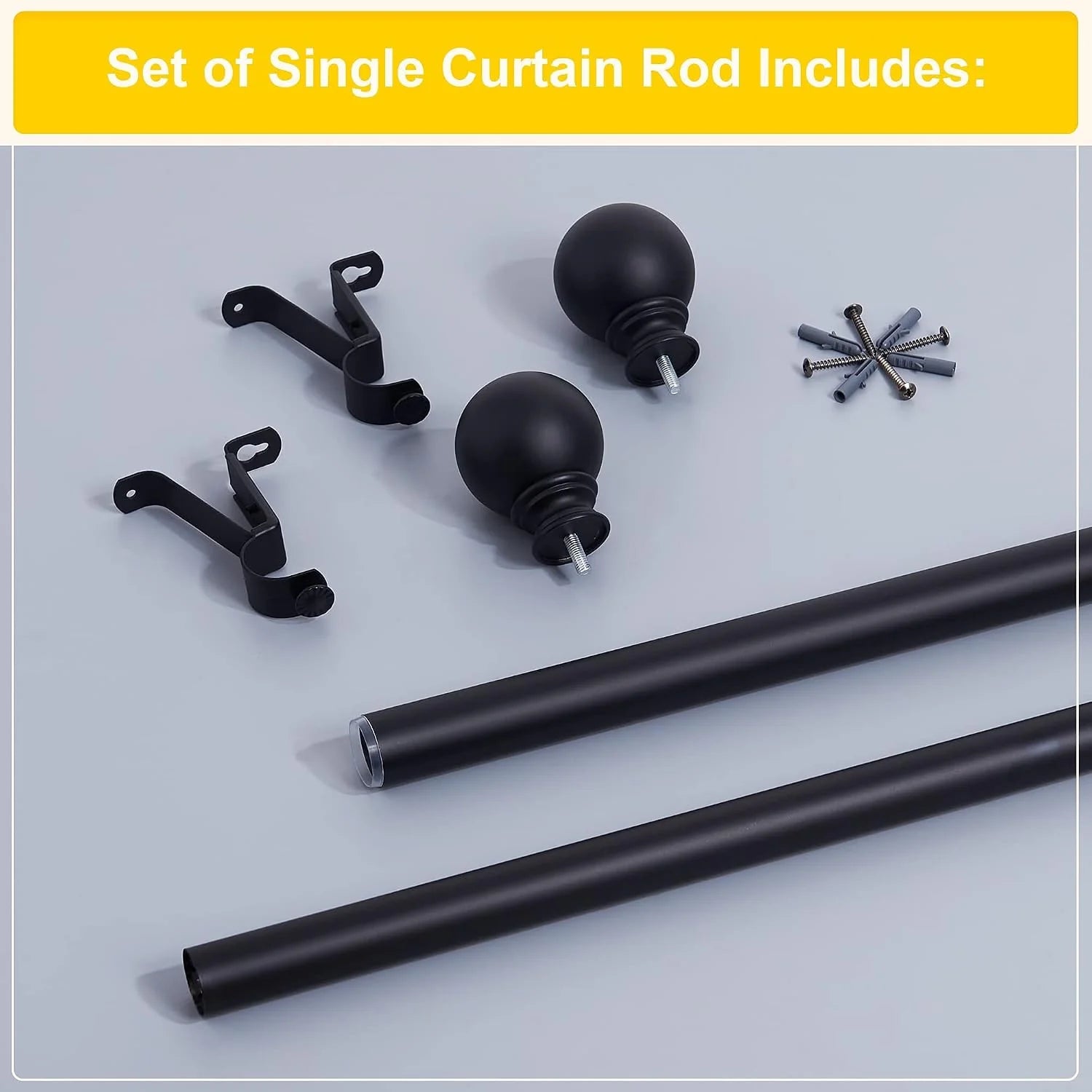 Black metal single curtain rod set with round finials, brackets, screws and anchors