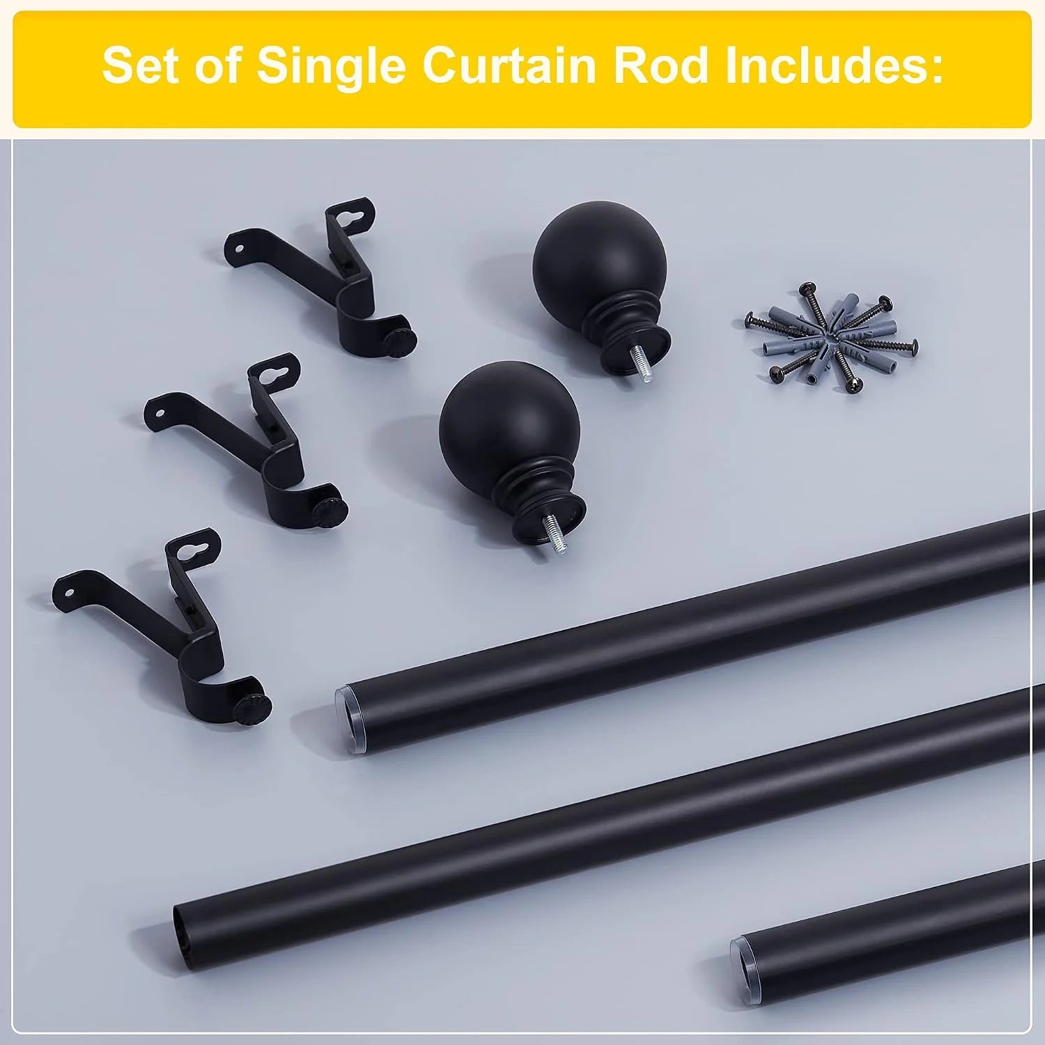 Black metal single curtain rod set with brackets, finials, screws, and anchors