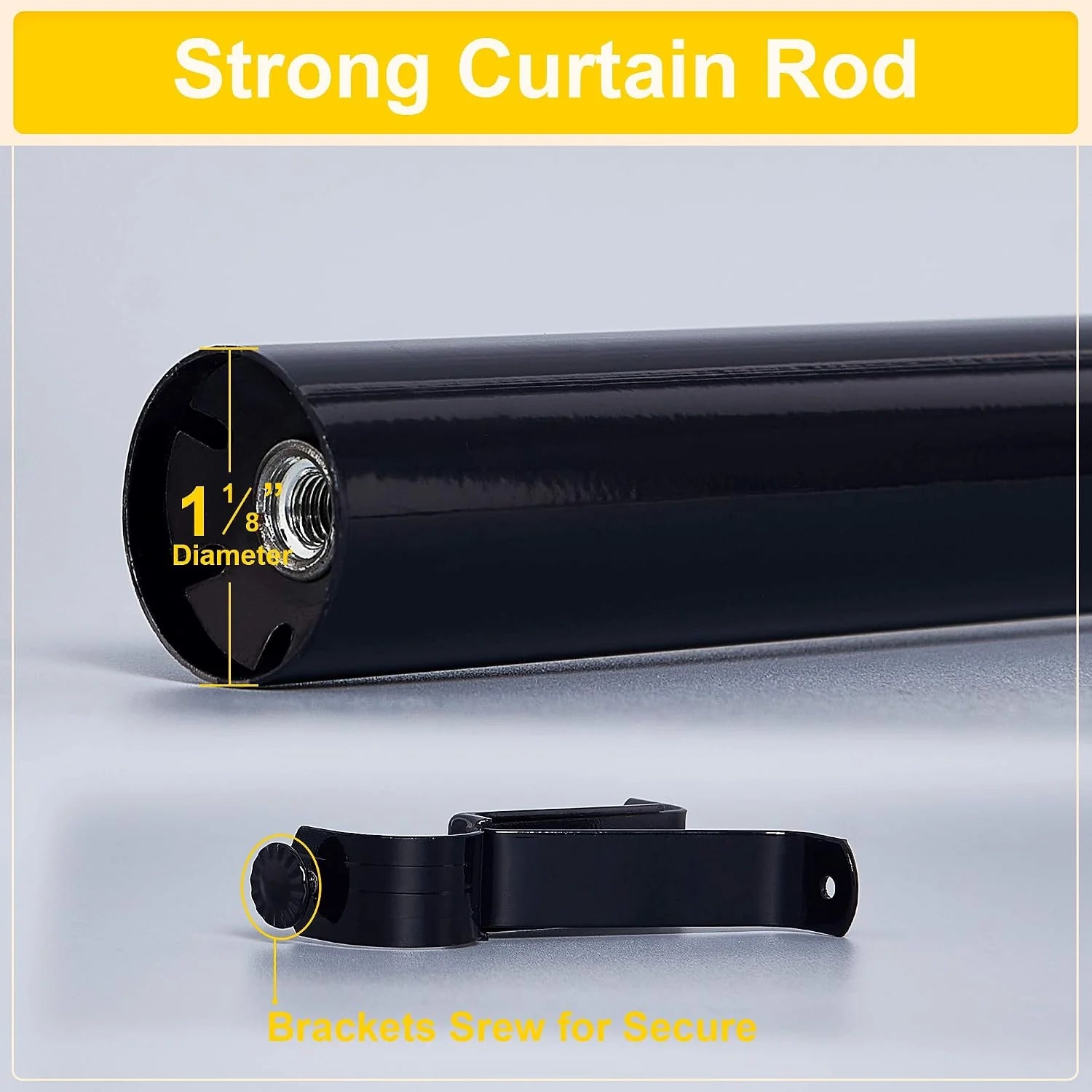 Black metal curtain rod and bracket close-up showing 1 1/8 inch diameter