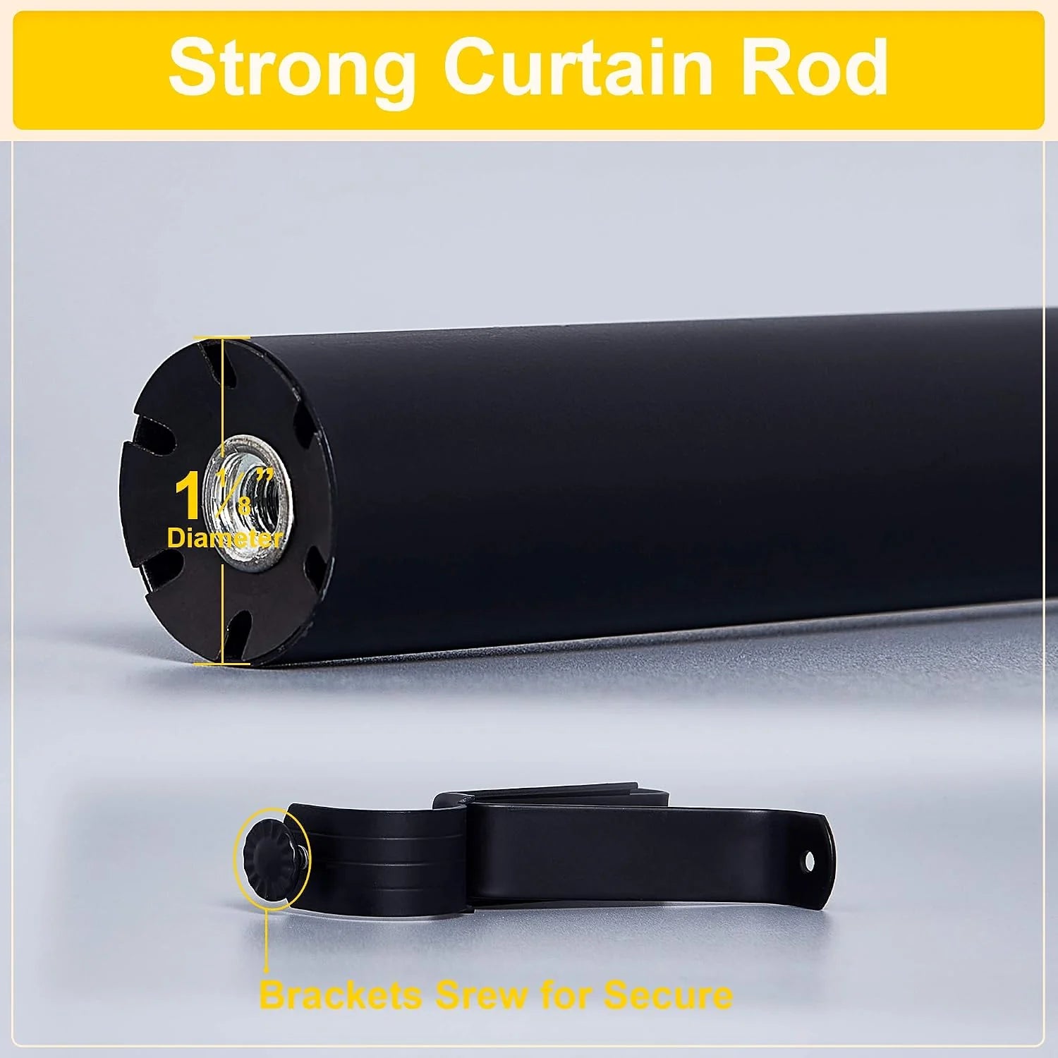 Black metal curtain rod with secure wall bracket and 1 1/8 inch diameter detail