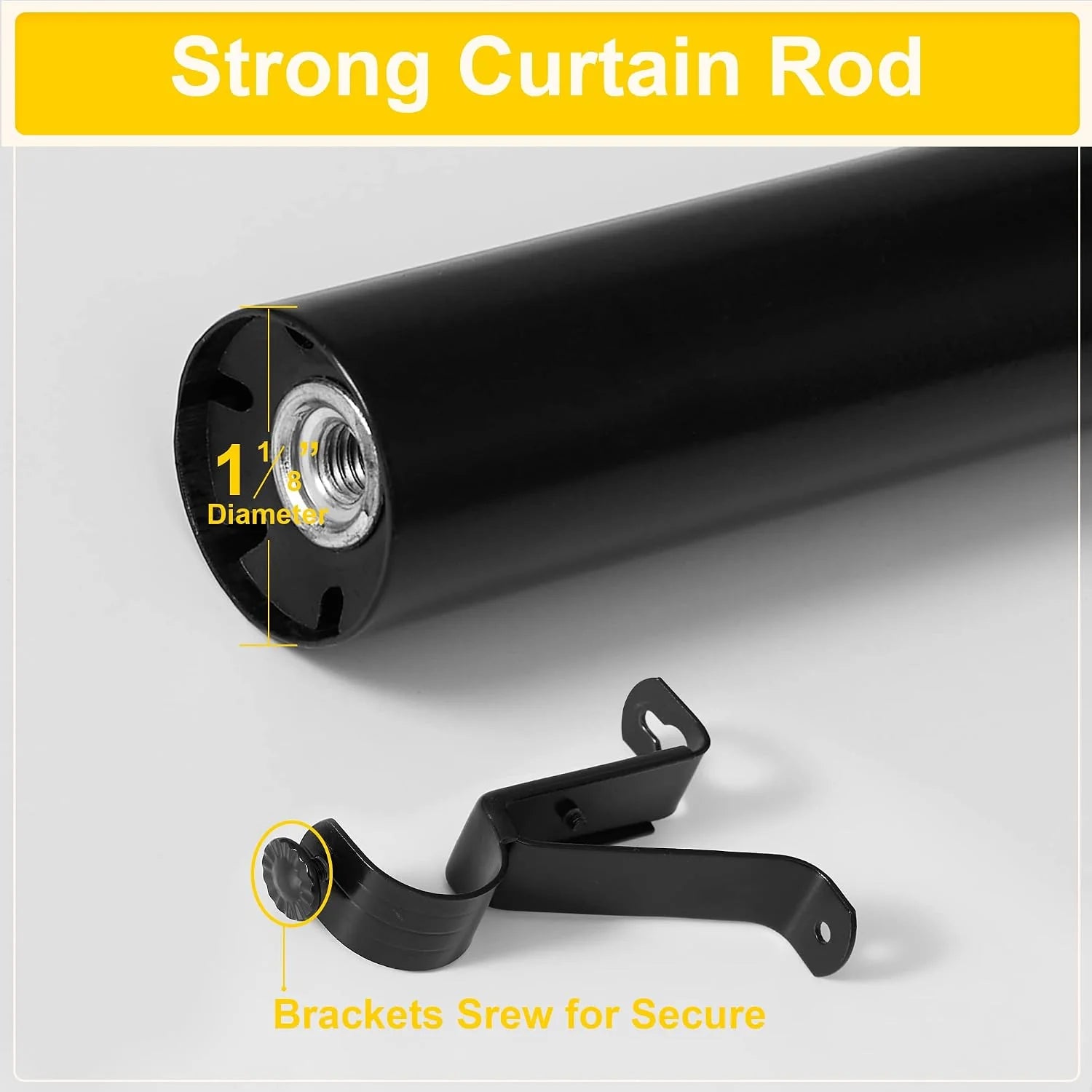 Black metal curtain rod with secure mounting bracket and 1 1/8 inch diameter