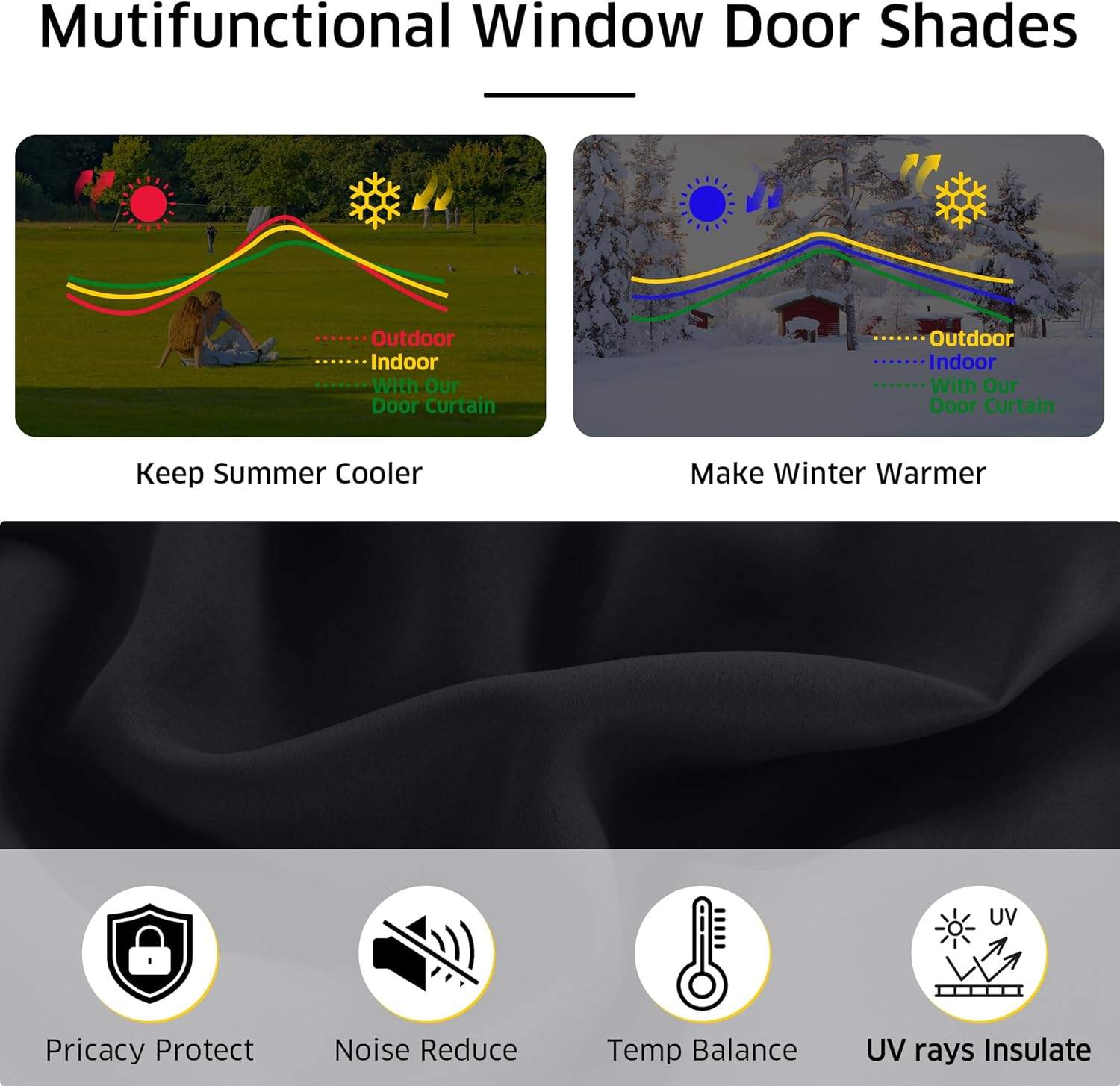 Close-up of black thermal insulating fabric, designed for multifunctional window and door shades.