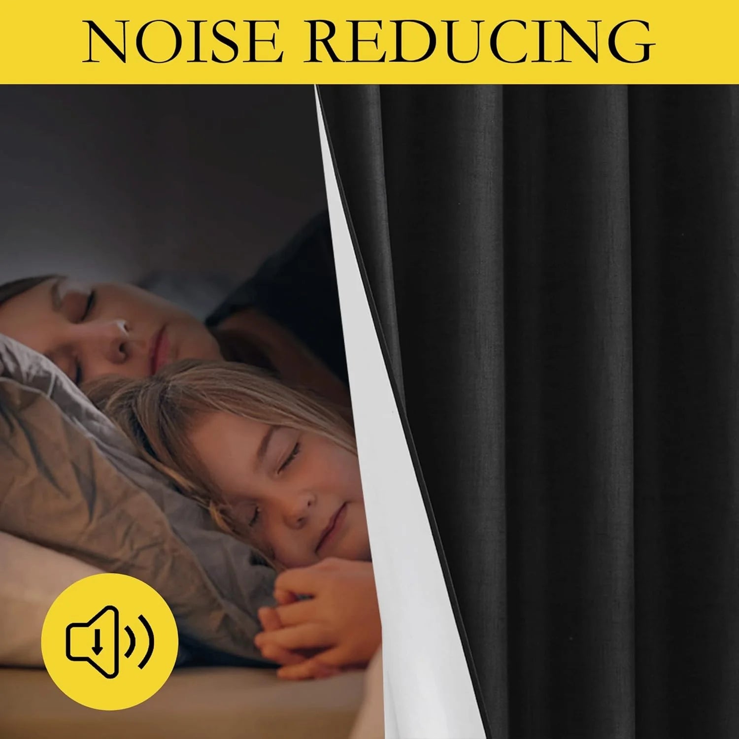 Black noise-reducing blackout curtain beside a sleeping mother and child in bed