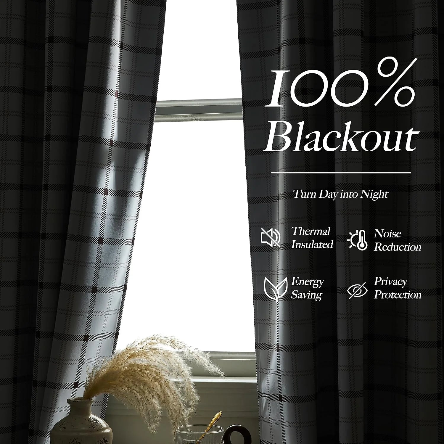 Black plaid blackout curtains framing a bright window with modern thermal features