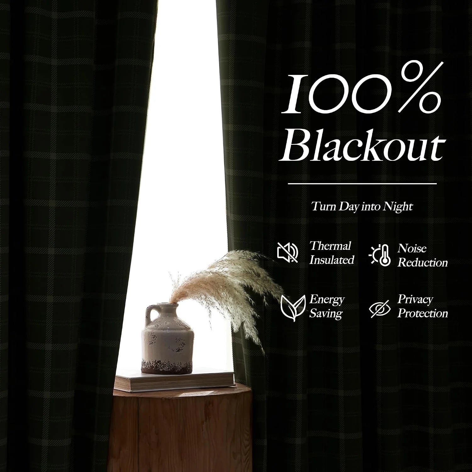 Black plaid blackout curtains framing a bright window with vase on wooden side table