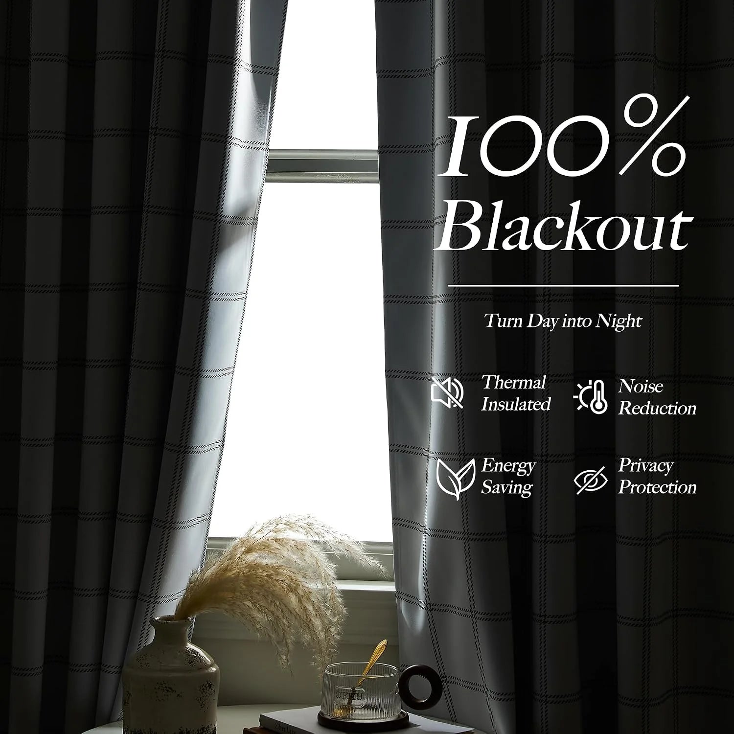 Black plaid blackout curtains partly covering a bright window with decor on the sill