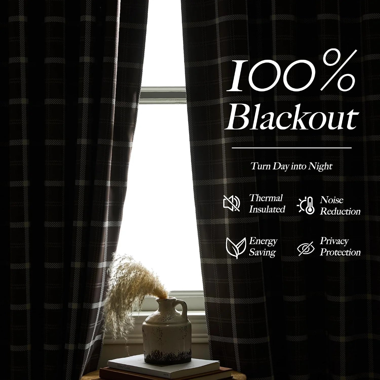 Black plaid blackout curtains framing a bright window with a ceramic vase on books