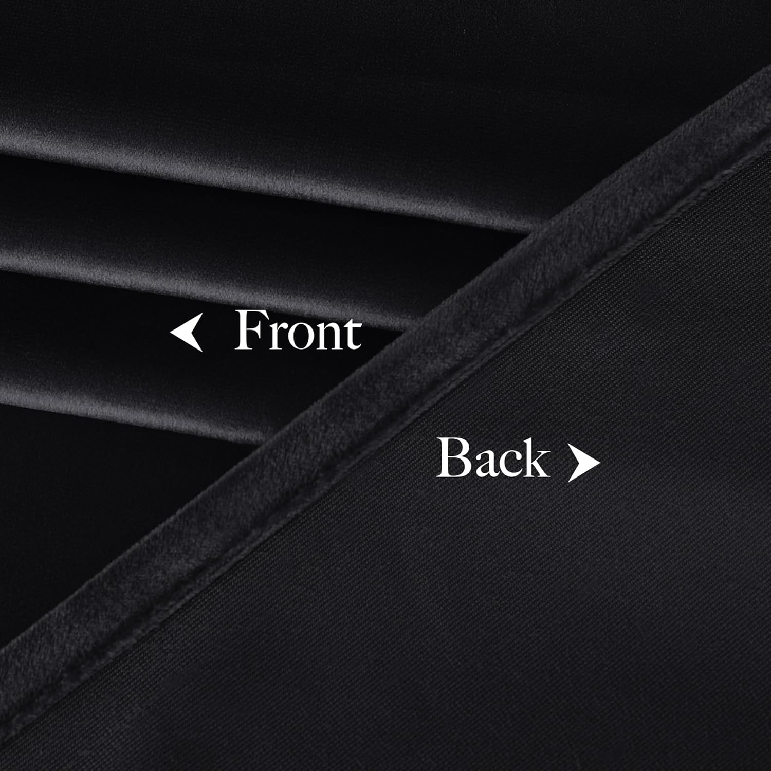 Close-up of black fabric, showing soft plush front and dense woven blackout back.