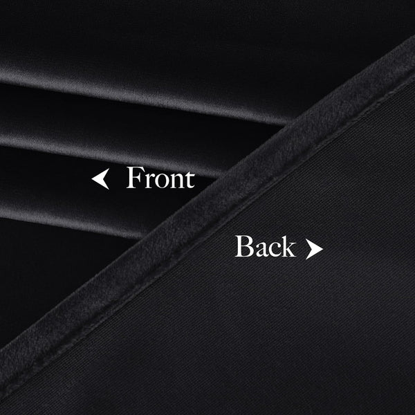 Detailed view of black blackout curtain fabric, showing soft plush front and textured woven back.