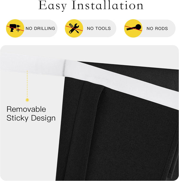 Close-up of black fabric window blind with white removable sticky top, showing no-drill installation