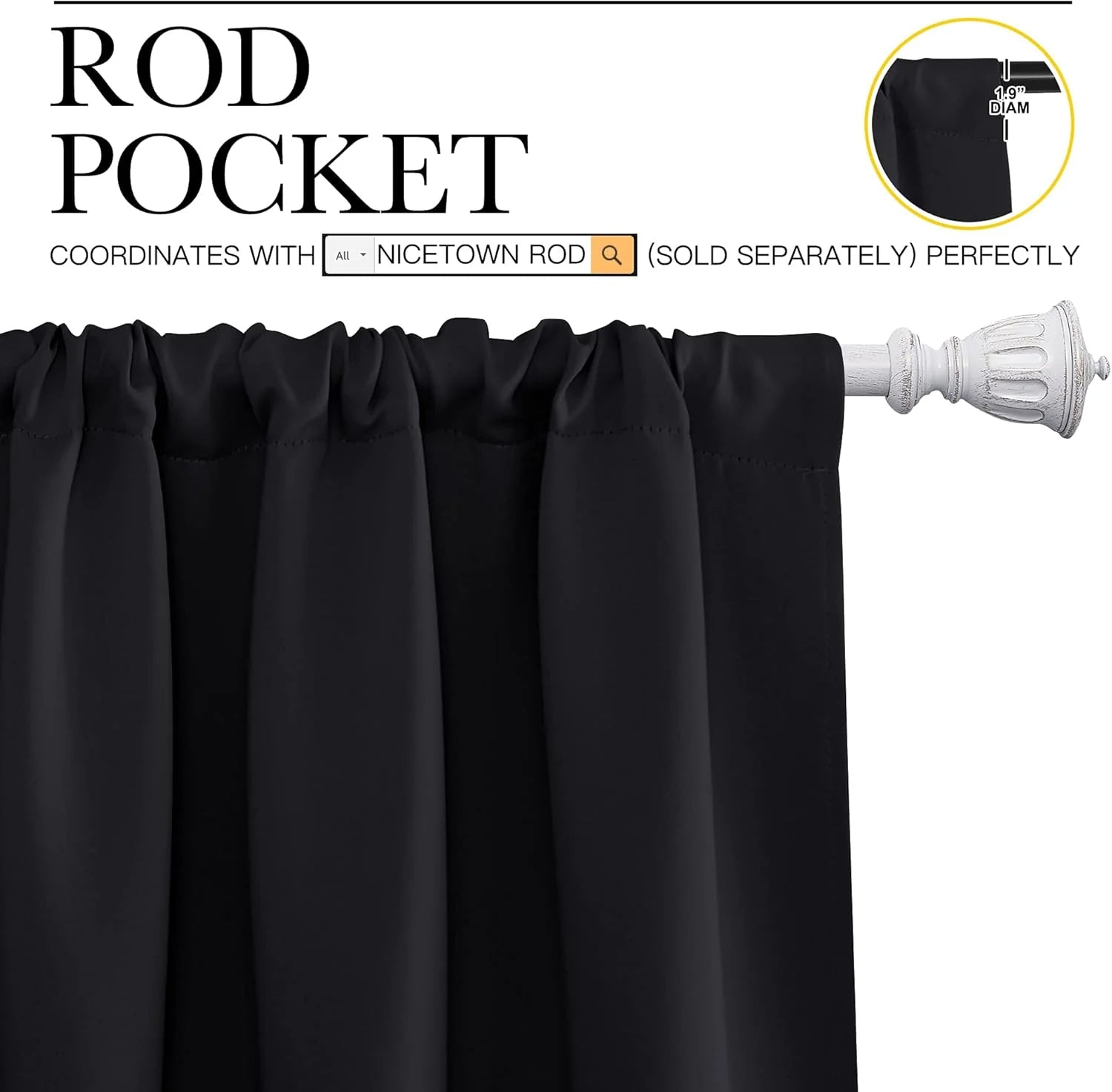 Black rod pocket curtain panel shown on a white decorative rod, compatible with 1.9-inch diameter rods.