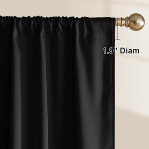 Black fabric curtain panel with rod pocket top hanging on a gold curtain rod, highlighting 1.9 inch diameter.