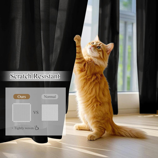 Black tightly woven scratch-resistant curtains, with an orange cat playfully pulling on the durable fabric.