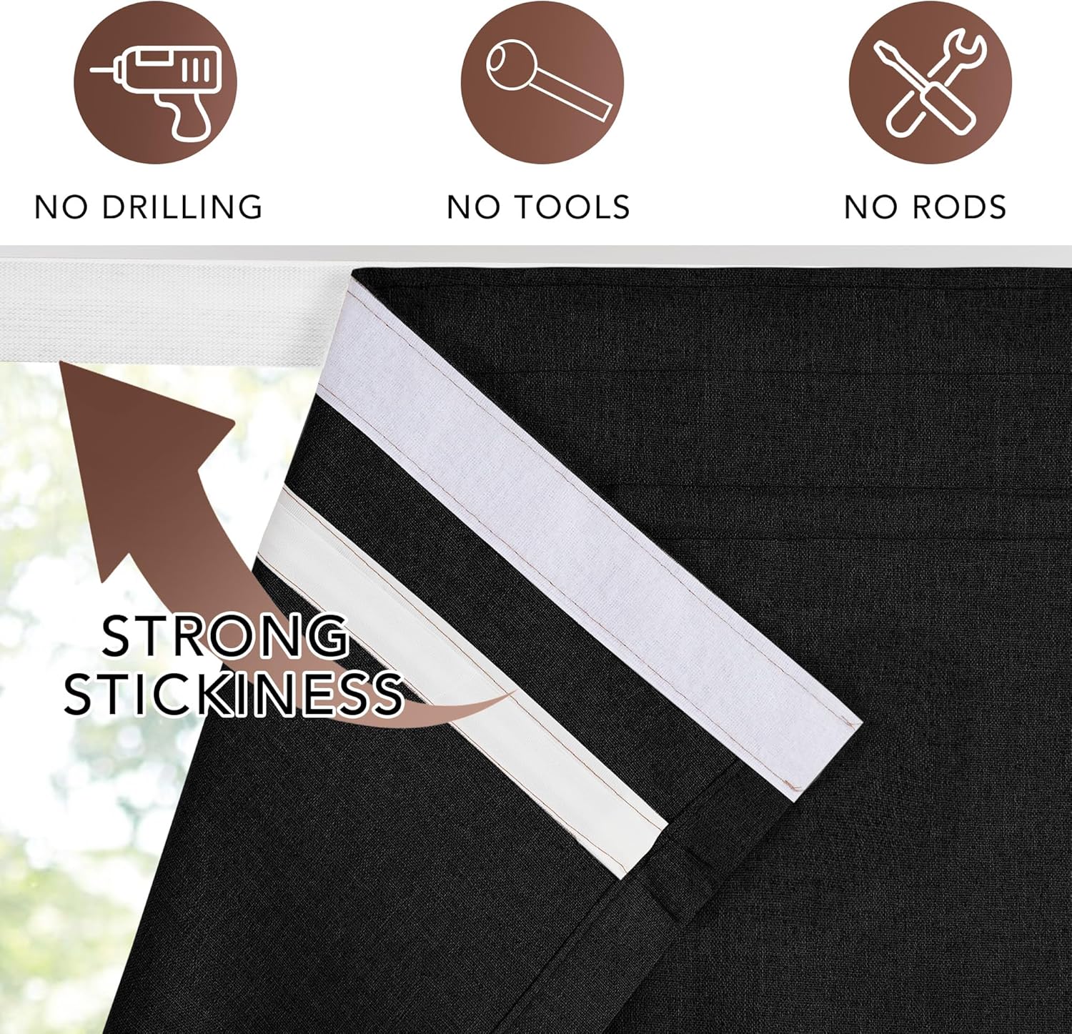 Detail of black blackout window curtain featuring strong white self-adhesive strips for easy, no-drill, no-rod installation.