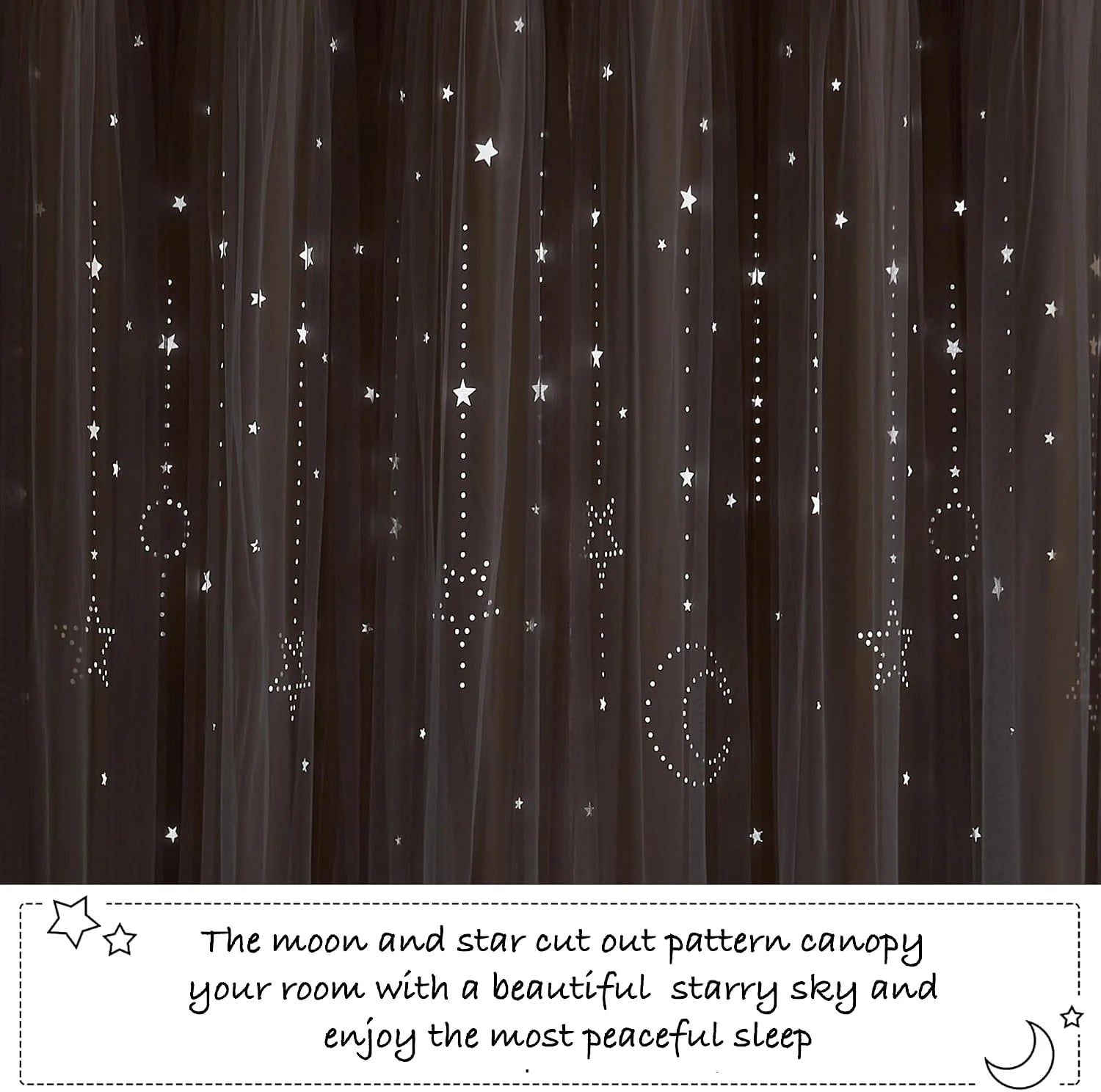 Black sheer canopy curtain with moon and star cutout pattern for a dreamy bedroom