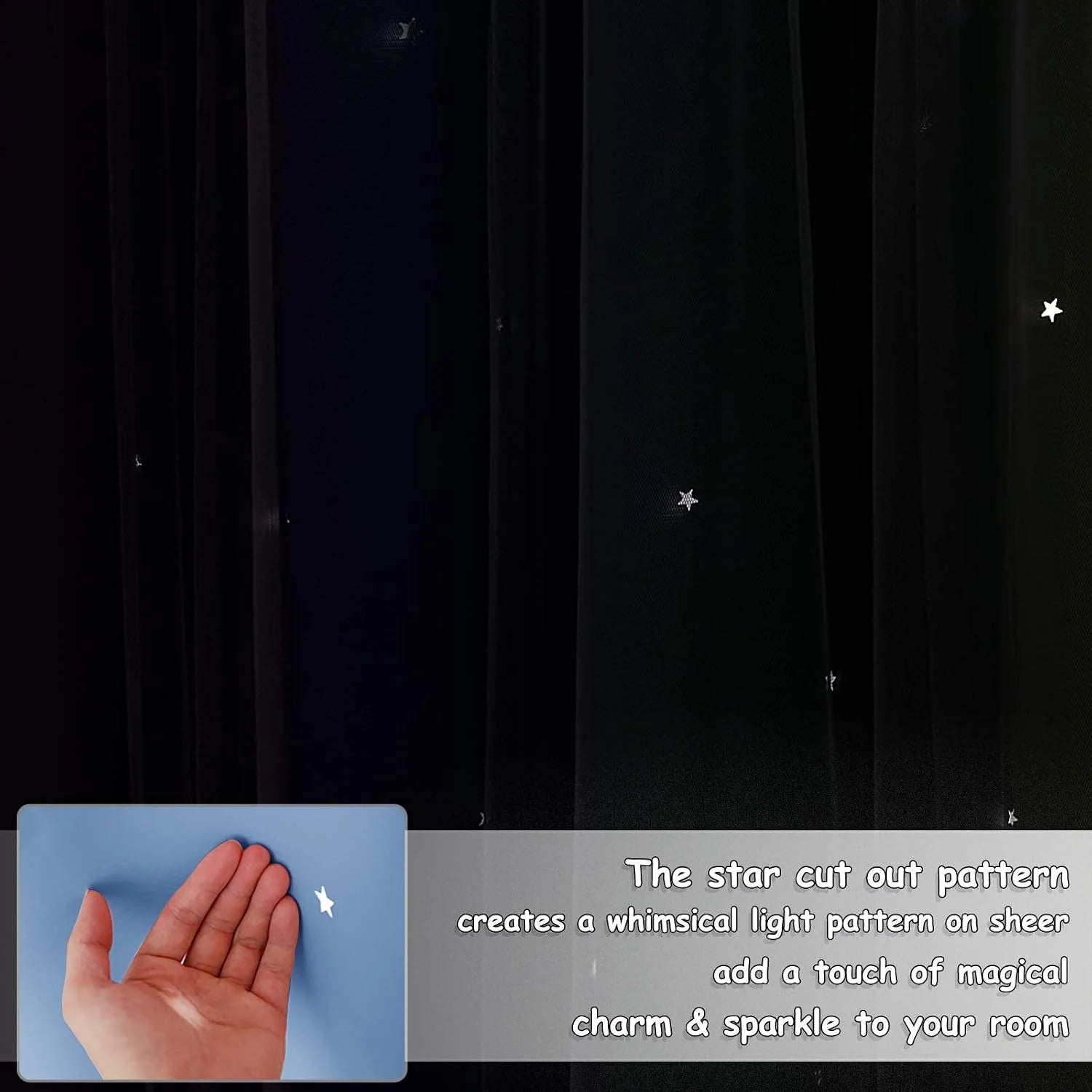 Black sheer curtain panel with small star cutout details creating a whimsical look