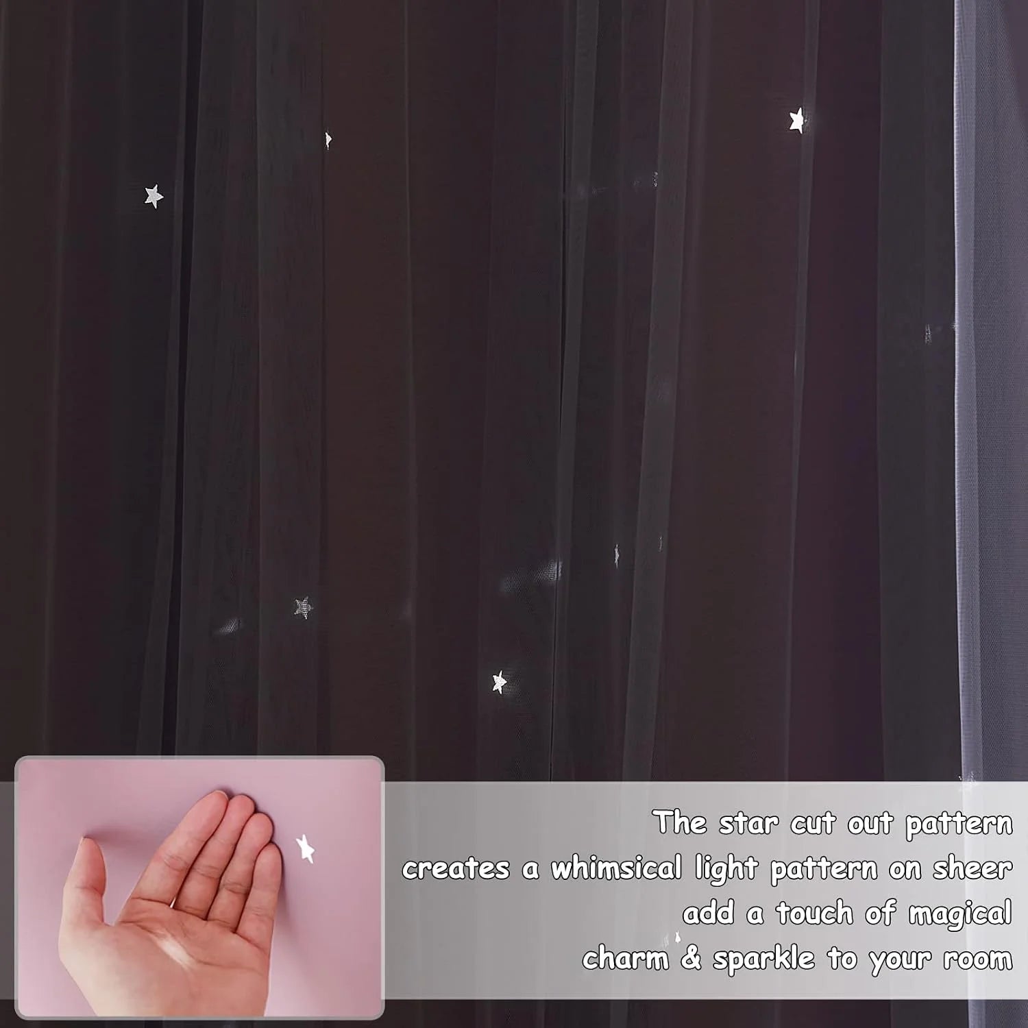 Black sheer curtain with star cutout details creating soft glowing light spots