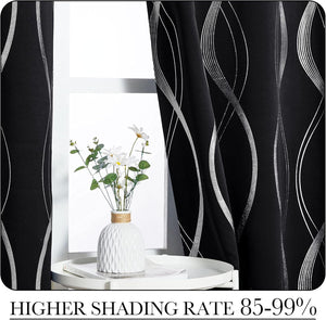 Black blackout curtains with a shimmering silver wavy line pattern, elegantly covering a window.