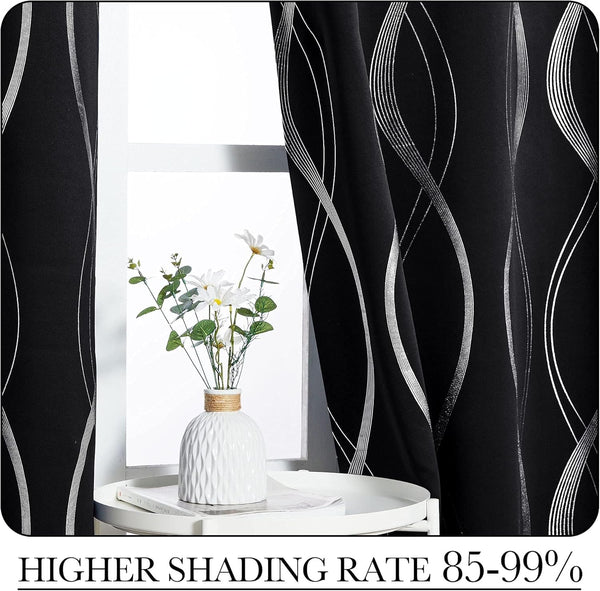 Black blackout curtains with a shimmering silver wavy line pattern, elegantly covering a window.