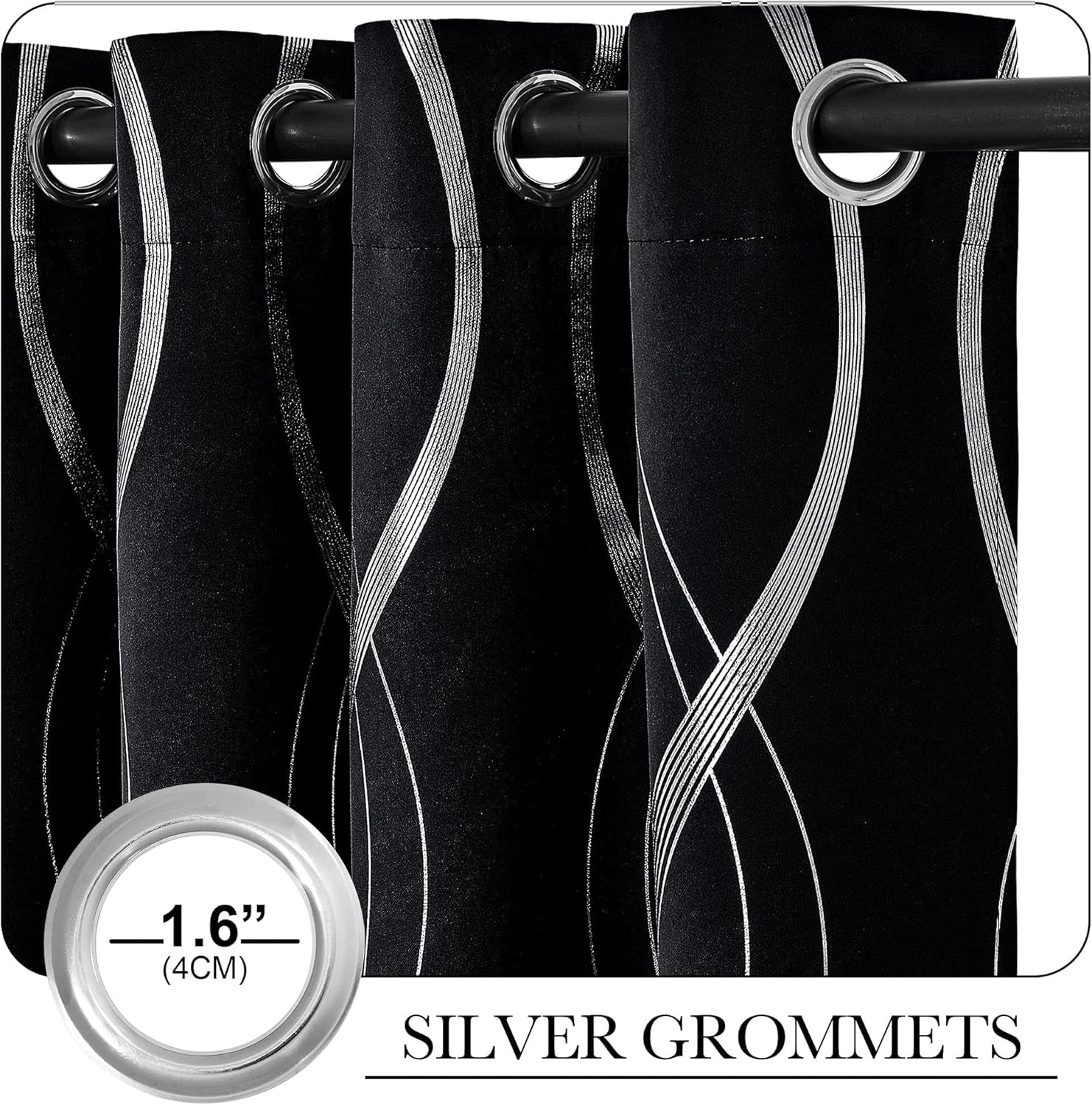 Close-up of black curtains featuring a modern silver wavy line pattern and large 1.6 inch silver grommets.