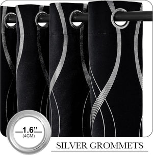 Close-up of black curtains featuring a modern silver wavy line pattern and large 1.6 inch silver grommets.