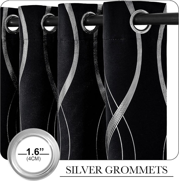 Close-up of black curtains featuring a modern silver wavy line pattern and large 1.6 inch silver grommets.