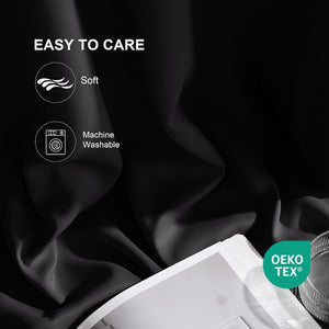 Soft black draped fabric. Features: easy care, machine washable, and OEKO-TEX certified.