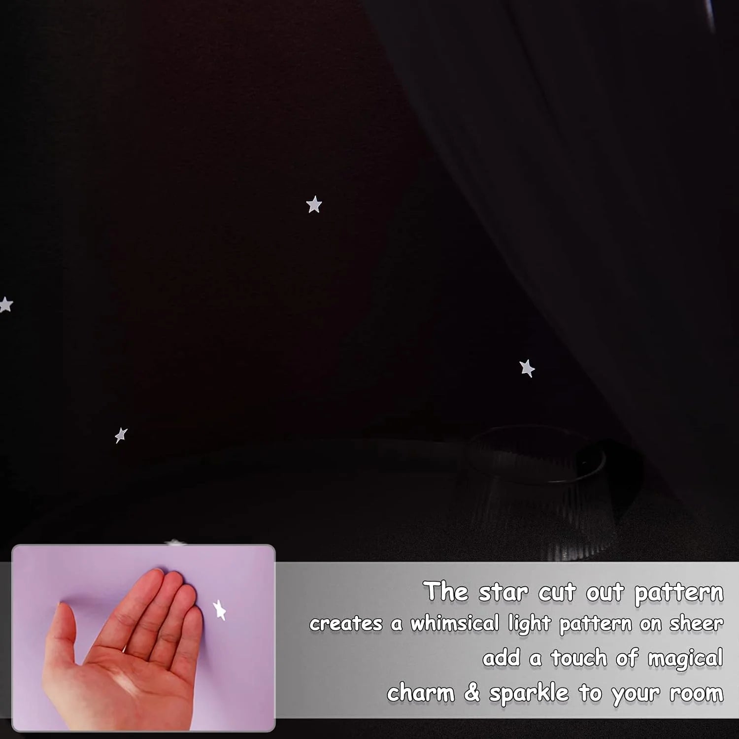 Black curtain with star cutout pattern casting small light points in a dark room