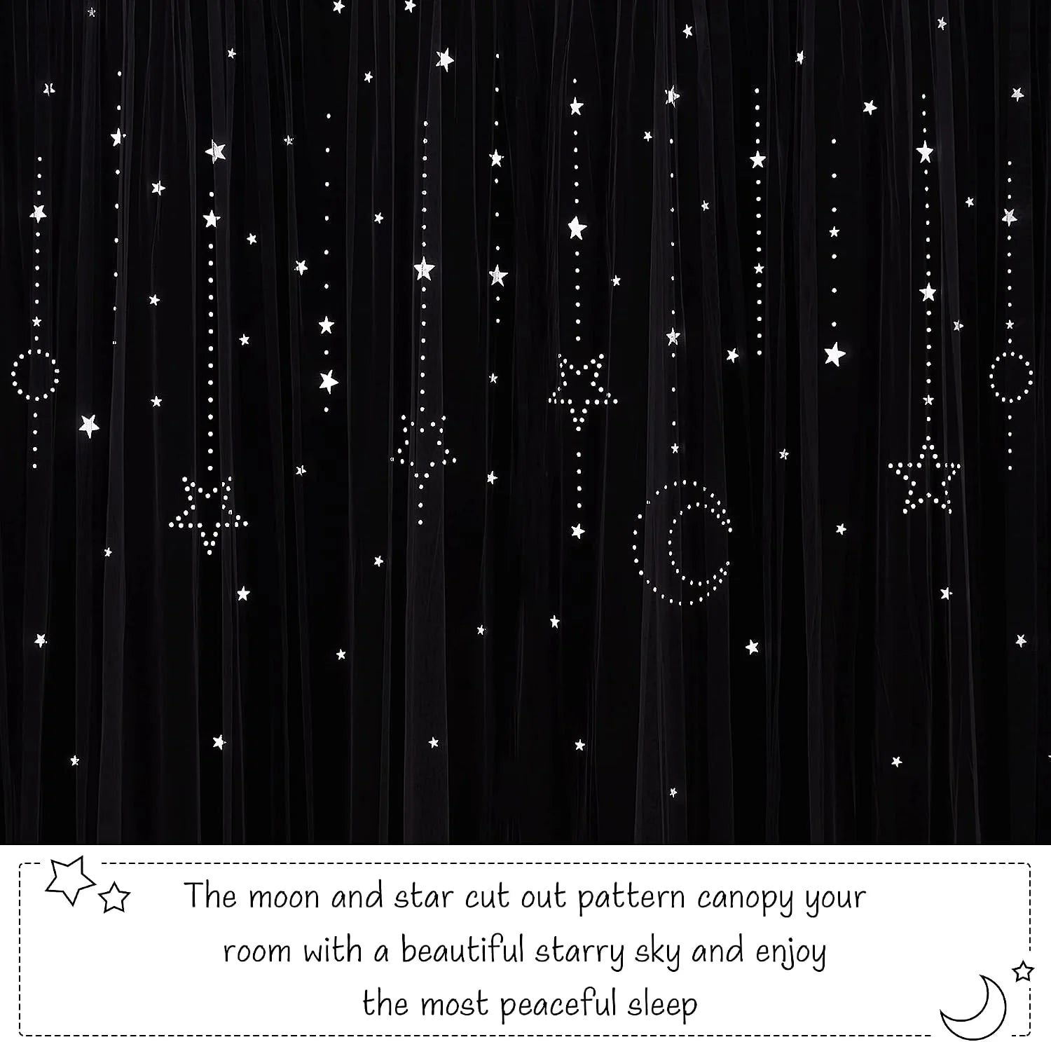 Black sheer canopy curtain with white moon and star cutout pattern