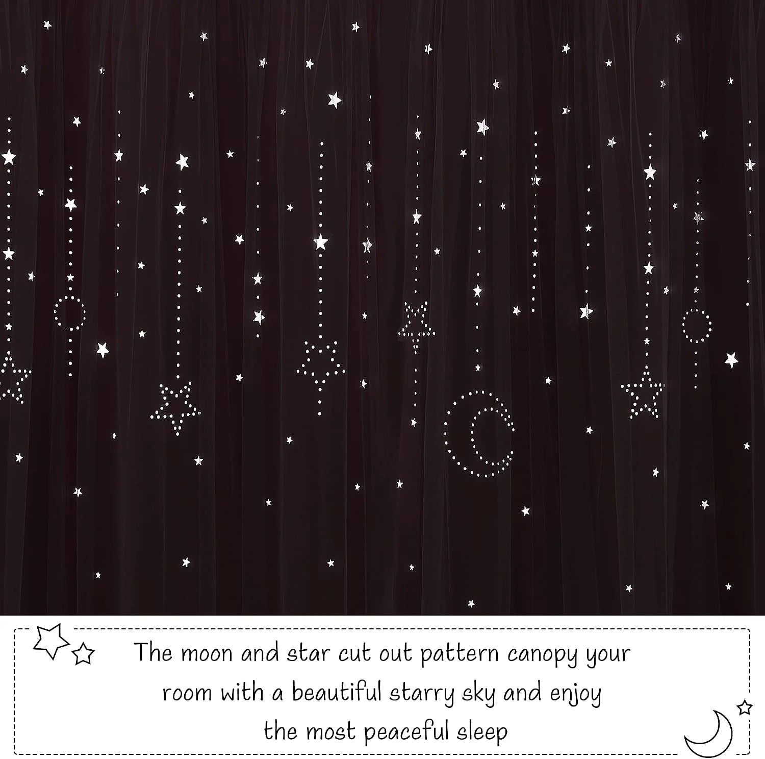 Black sheer canopy curtain with moon and star cutout pattern for a dreamy bedroom