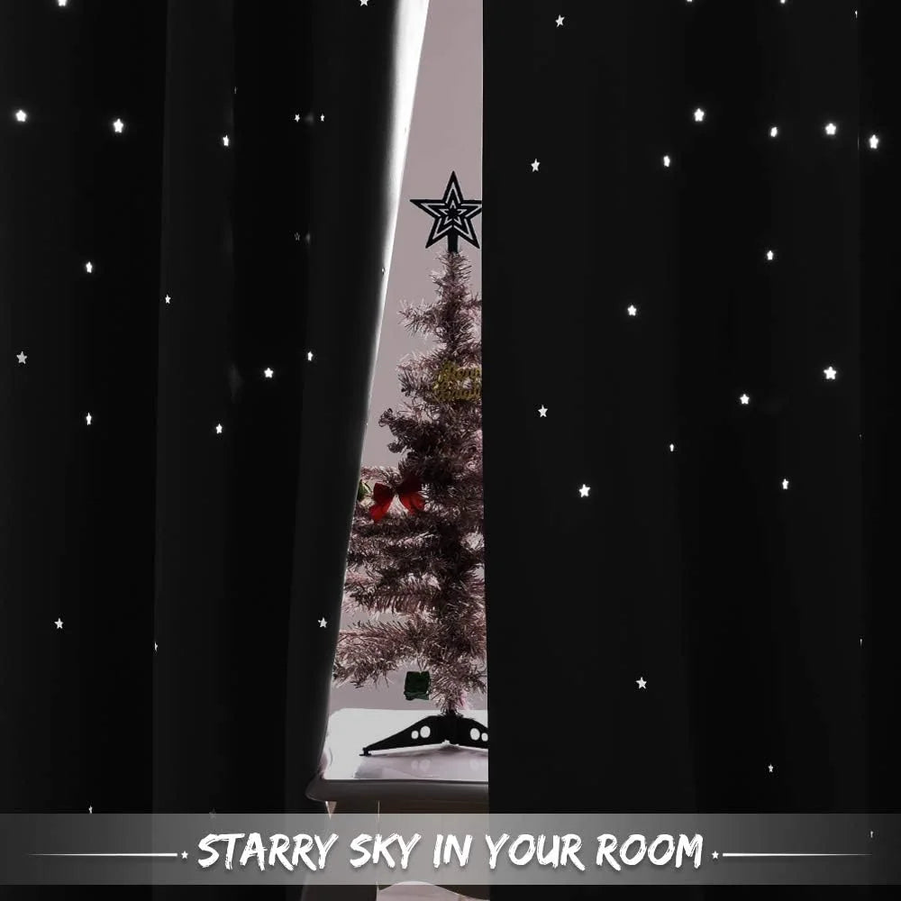Black curtains with glowing star cutouts partly closed over a window indoors