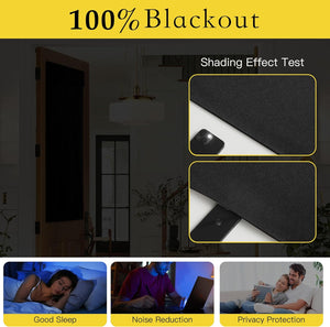 Black textured blackout panel covering a doorway, showing its fabric completely blocks a flashlight.