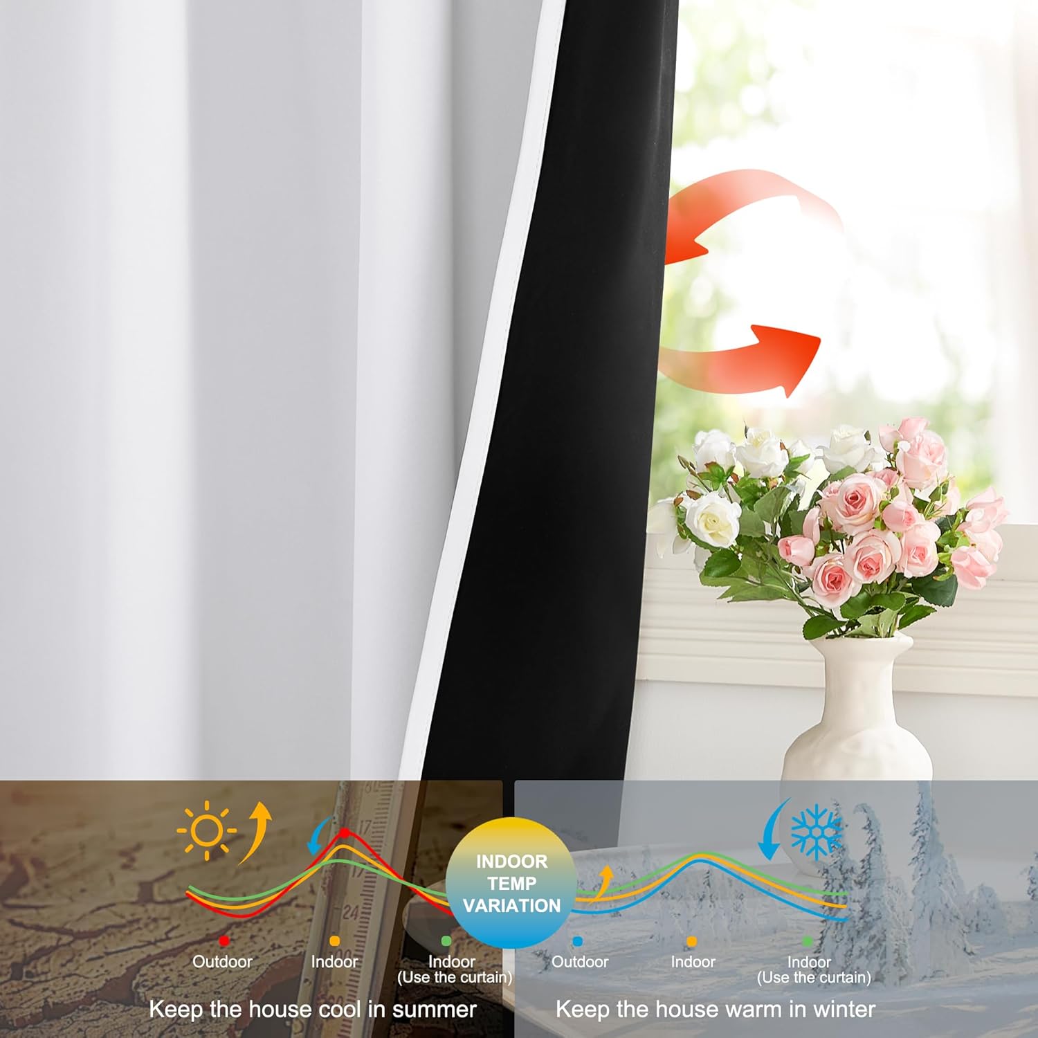 Black thermal blackout curtain by window, visually demonstrating indoor temperature regulation properties.