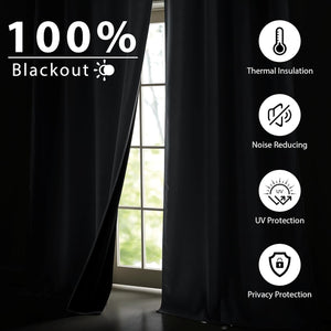 Thick black blackout curtains partially cover a window, emphasizing thermal and noise reduction.