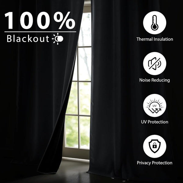 Thick black blackout curtains partially cover a window, emphasizing thermal and noise reduction.