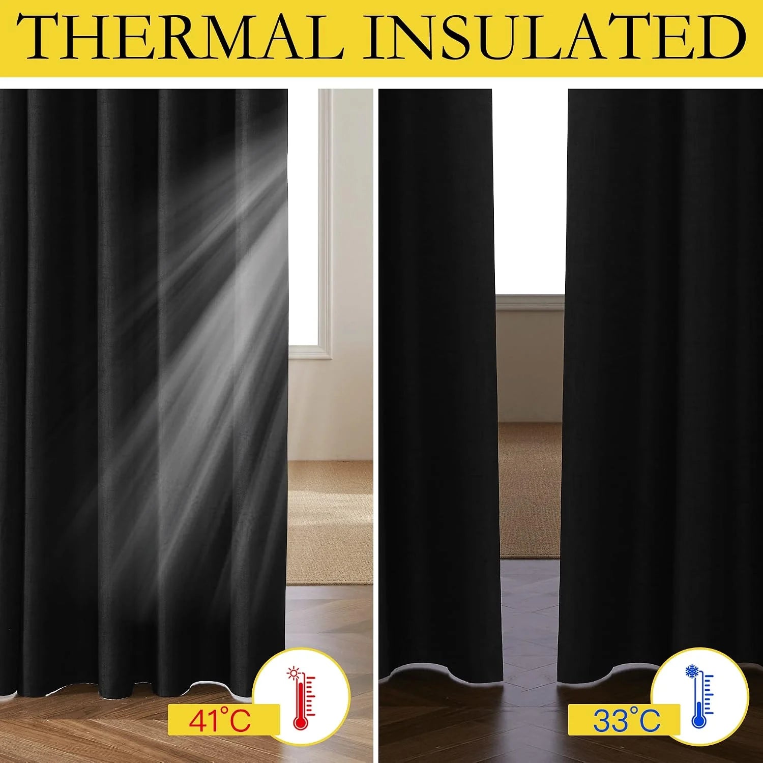 Black thermal insulated curtains shown blocking sunlight by a bright window