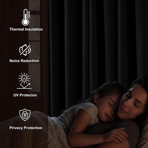 Solid black blackout curtains for thermal insulation, noise reduction, and privacy.