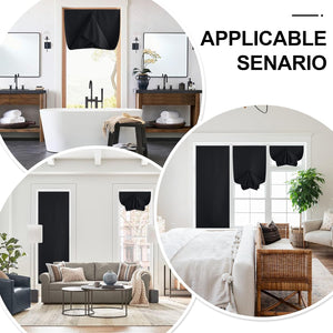 Black tie-up blackout window shades with adjustable fabric, shown in a modern bathroom, living room, and bedroom.