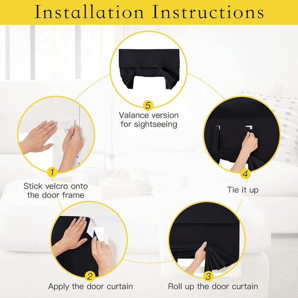 Guide showing velcro installation of a black tie-up door curtain, with options for rolled or valance styles.