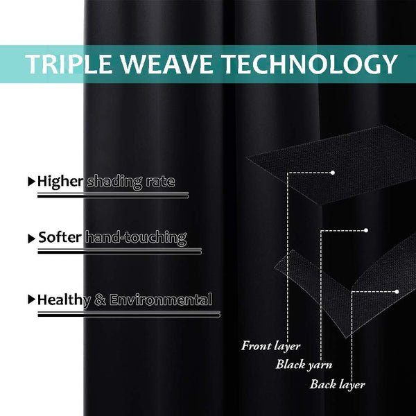 Black blackout curtain fabric close-up, showing triple weave technology layers for superior light blocking.