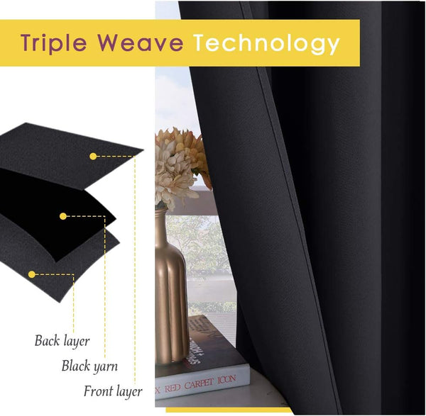 Black blackout curtain panel illustrating triple weave fabric technology for superior light blocking.