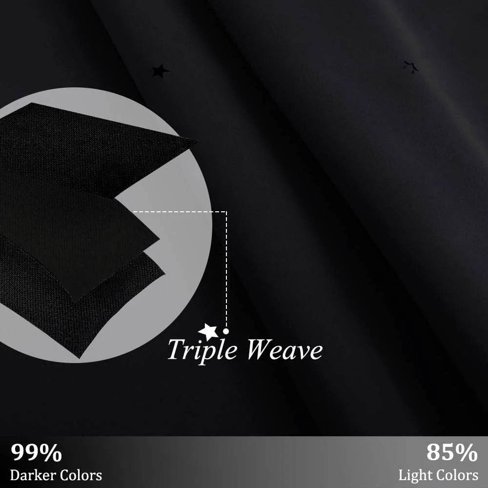 Close-up of black triple weave blackout curtain fabric with layered texture graphic