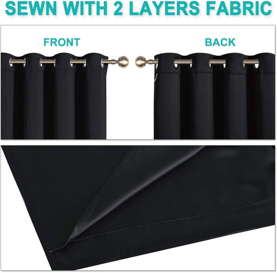 Black blackout curtains with bronze grommets. Detail view highlights two layers of thick fabric.
