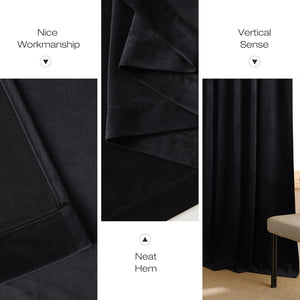 Luxurious black velvet curtain panel showing neat hem and excellent drape in a room setting.