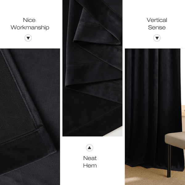 Luxurious black velvet curtain panel showing neat hem and excellent drape in a room setting.