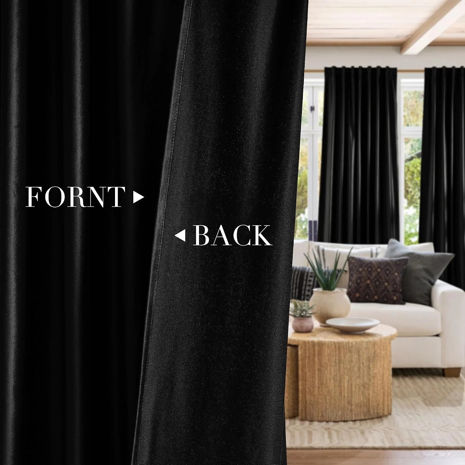 Black velvet blackout curtains shown front and back in a bright modern living room