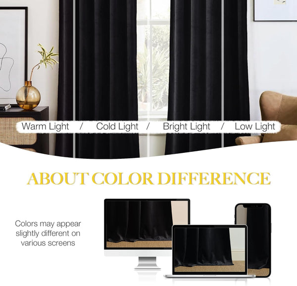 Black velvet curtains appear in warm, cold, bright, and low light. Also on screens to show color variation.