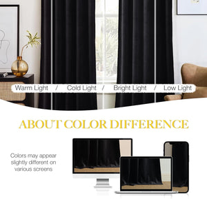 Black velvet blackout curtains with elegant folds, displayed in a room under diverse lighting.